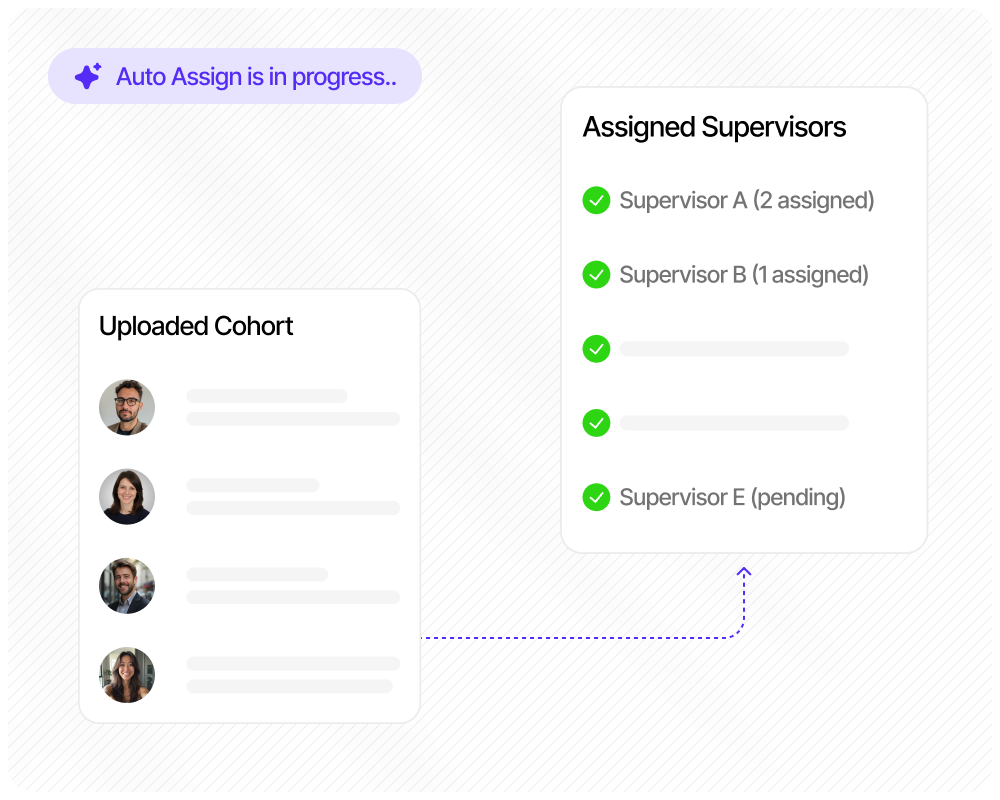 Bulk onboarding interface showing uploaded cohort and assigned supervisors
