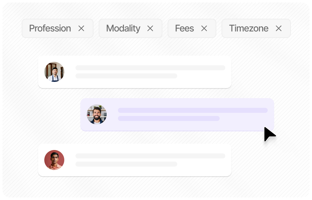 Supervisor search with filter options for profession, modality, fees and timezone
