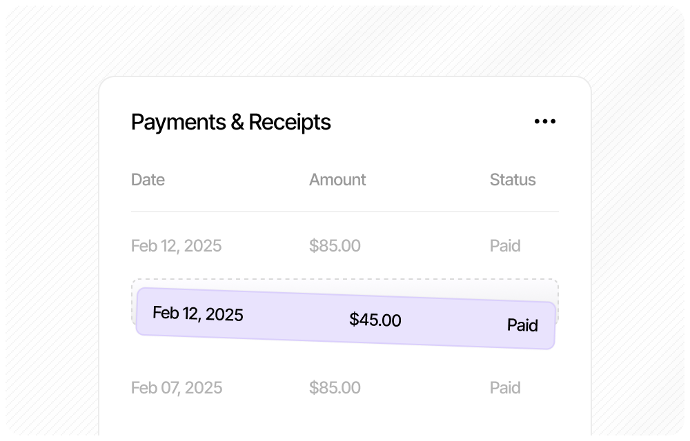 Payment history showing dates, amounts and paid status