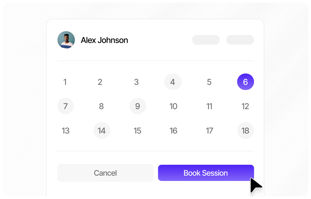 Session booking calendar with direct and indirect session types